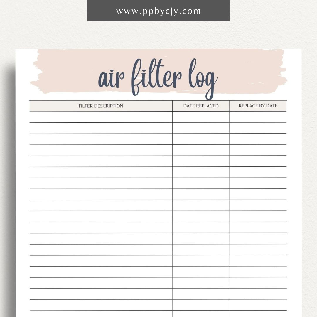 Air Filter Replacement Log Printable Template – Digital Download for Tracking Air Filter Changes and Maintenance