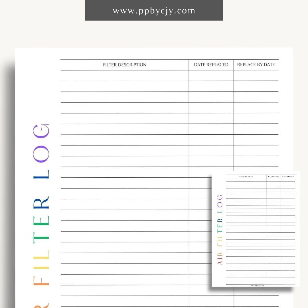 Air Filter Replacement Log Printable Template – Digital Download for Tracking Air Filter Changes and Maintenance