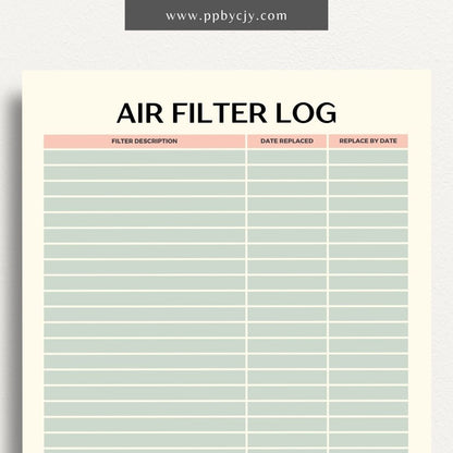 Air Filter Replacement Log Printable Template – Digital Download for Tracking Air Filter Changes and Maintenance