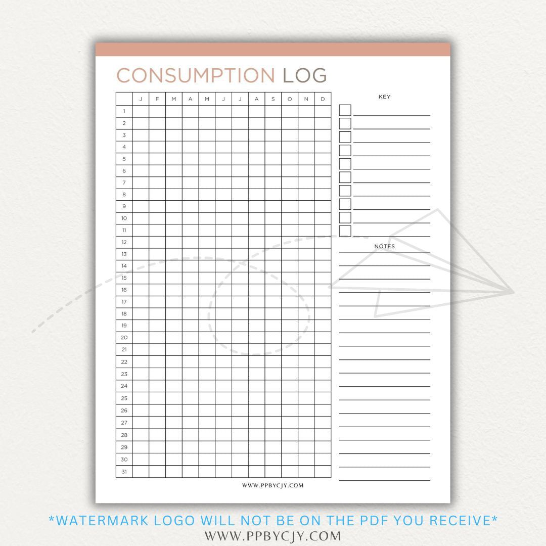 Consumption Log Printable PDF Template for tracking daily food, water, and caffeine intake.