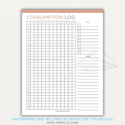 Consumption Log Printable PDF Template for tracking daily food, water, and caffeine intake.