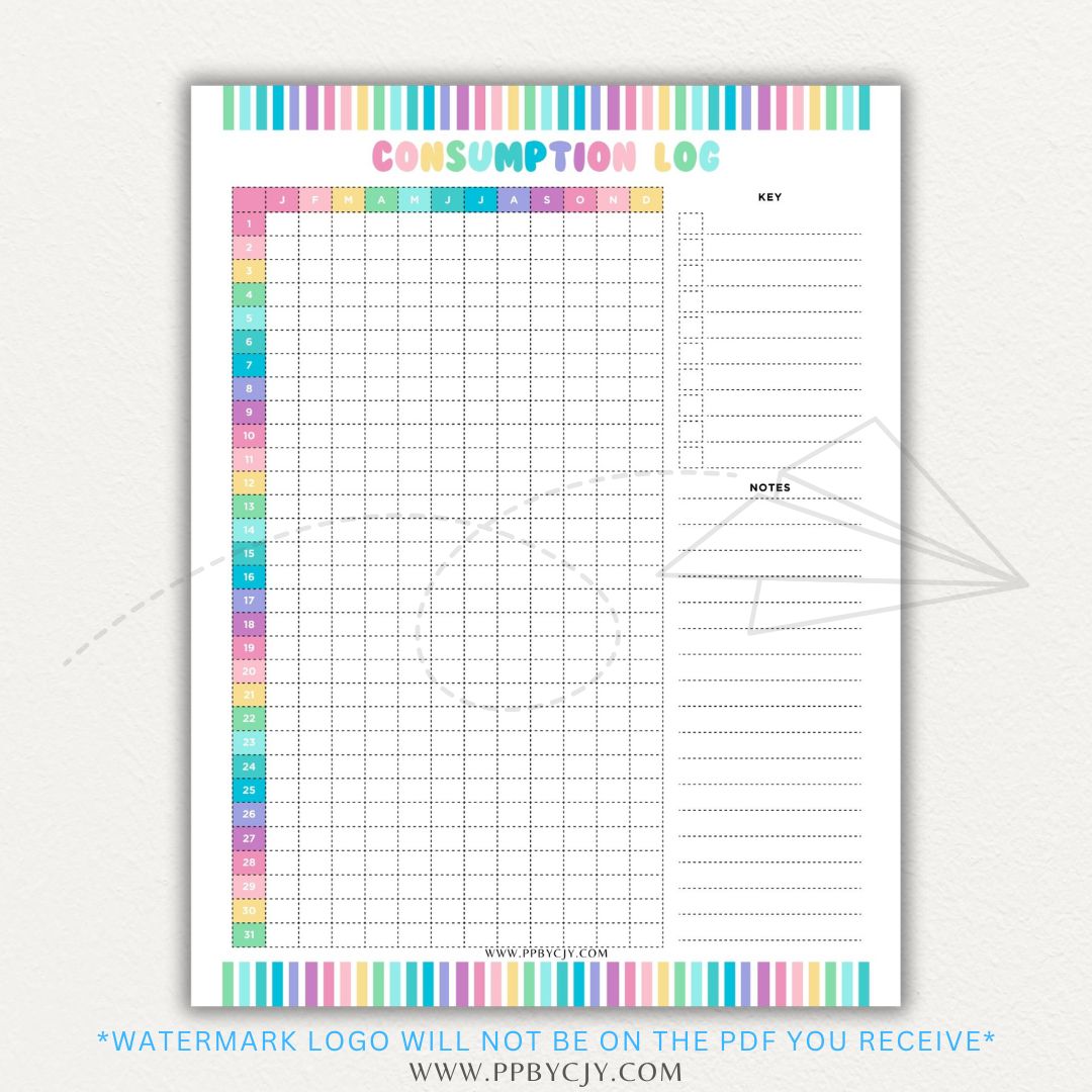 Consumption Log Printable PDF Template for tracking daily food, water, and caffeine intake.