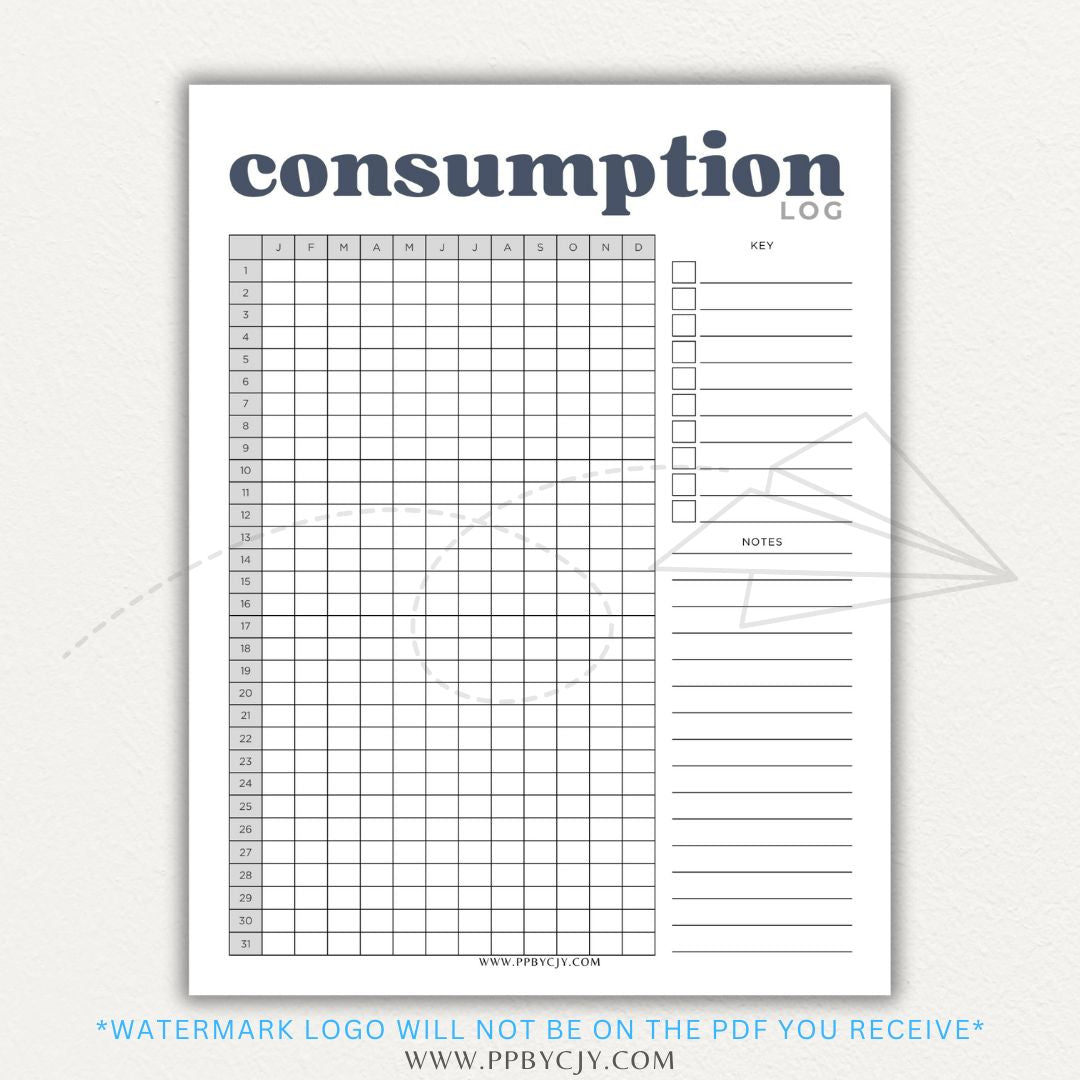 Consumption Log Printable PDF Template for tracking daily food, water, and caffeine intake.