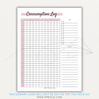 Consumption Log Printable PDF Template for tracking daily food, water, and caffeine intake.