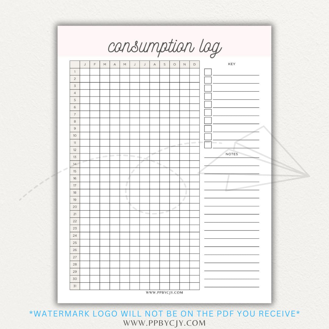 Consumption Log Printable PDF Template for tracking daily food, water, and caffeine intake.