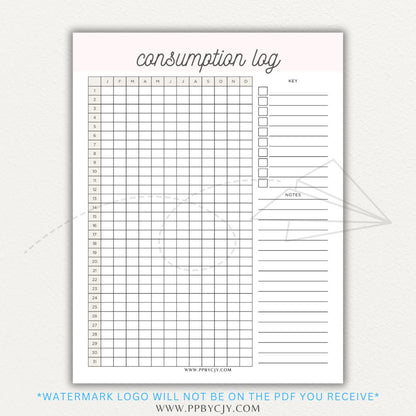 Consumption Log Printable PDF Template for tracking daily food, water, and caffeine intake.