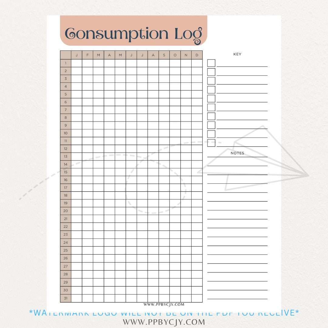 Consumption Log Printable PDF Template for tracking daily food, water, and caffeine intake.