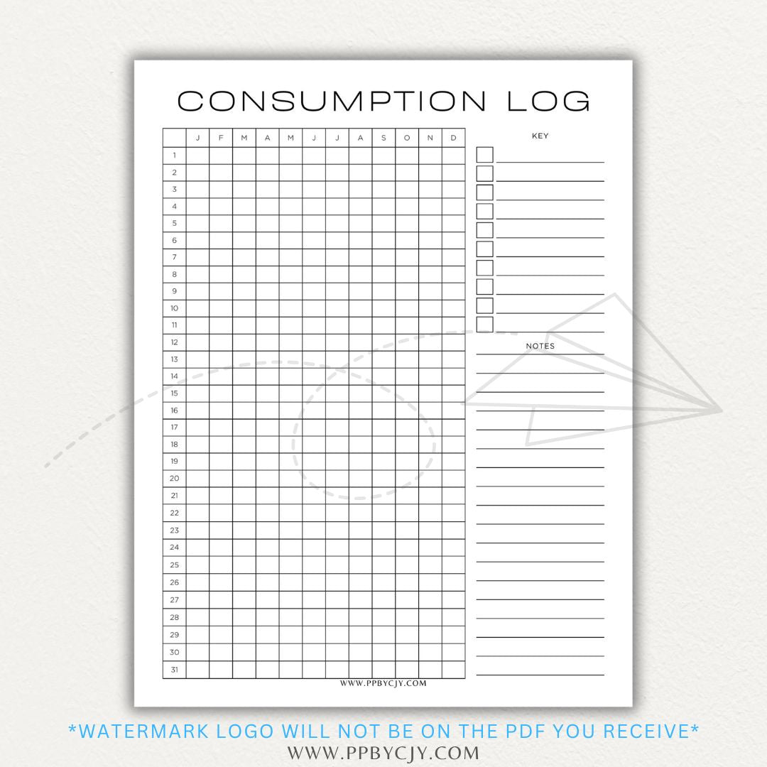 Consumption Log Printable PDF Template for tracking daily food, water, and caffeine intake.