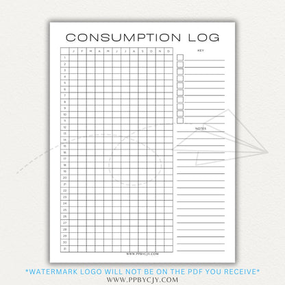 Consumption Log Printable PDF Template for tracking daily food, water, and caffeine intake.