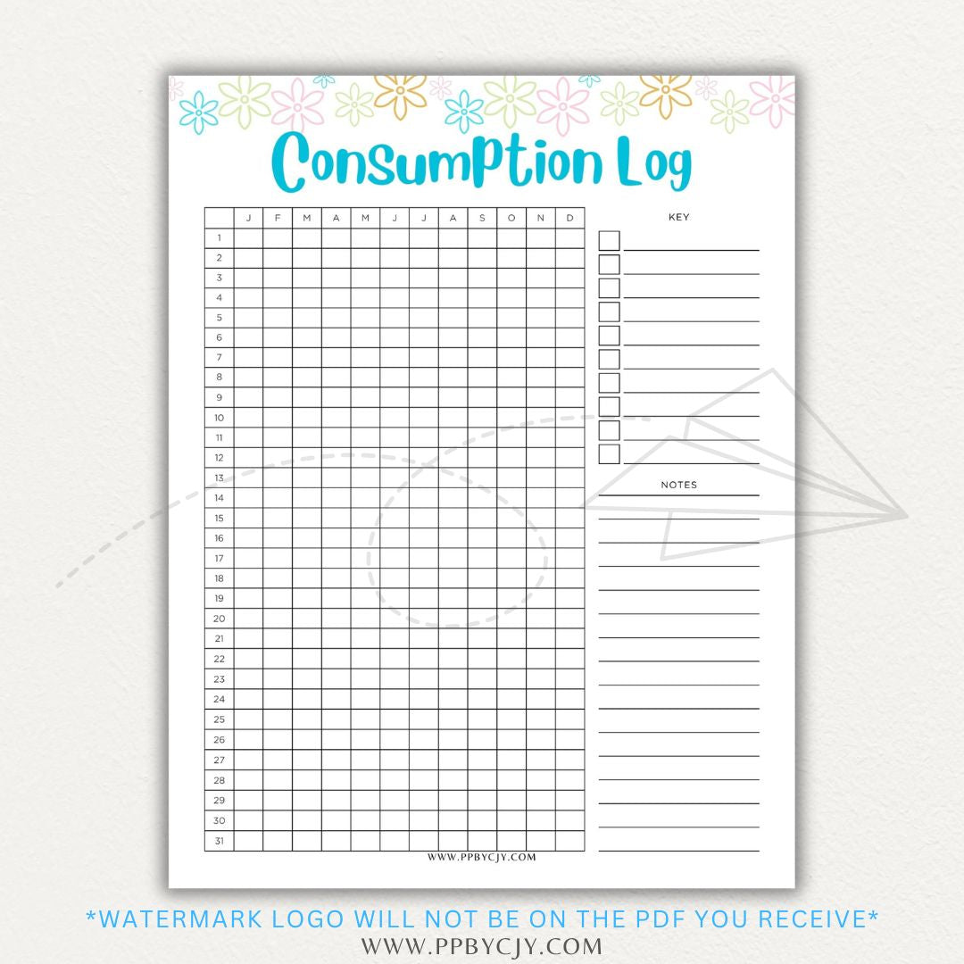 Consumption Log Printable PDF Template for tracking daily food, water, and caffeine intake.