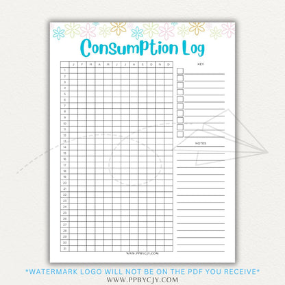 Consumption Log Printable PDF Template for tracking daily food, water, and caffeine intake.