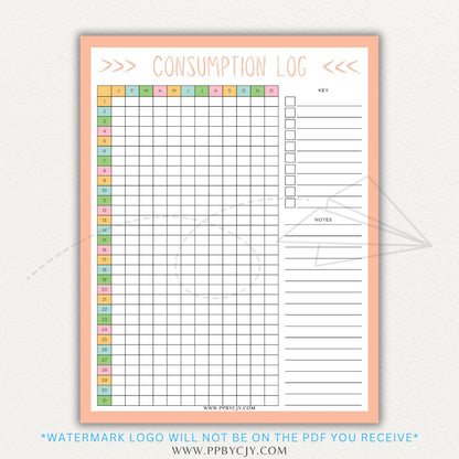 Consumption Log Printable PDF Template for tracking daily food, water, and caffeine intake.