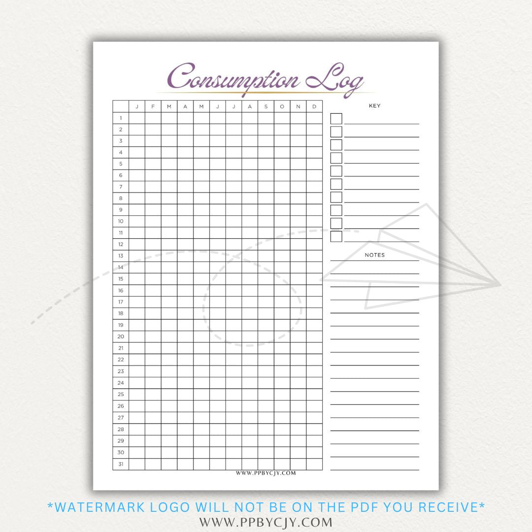 Consumption Log Printable PDF Template for tracking daily food, water, and caffeine intake.