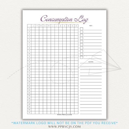 Consumption Log Printable PDF Template for tracking daily food, water, and caffeine intake.