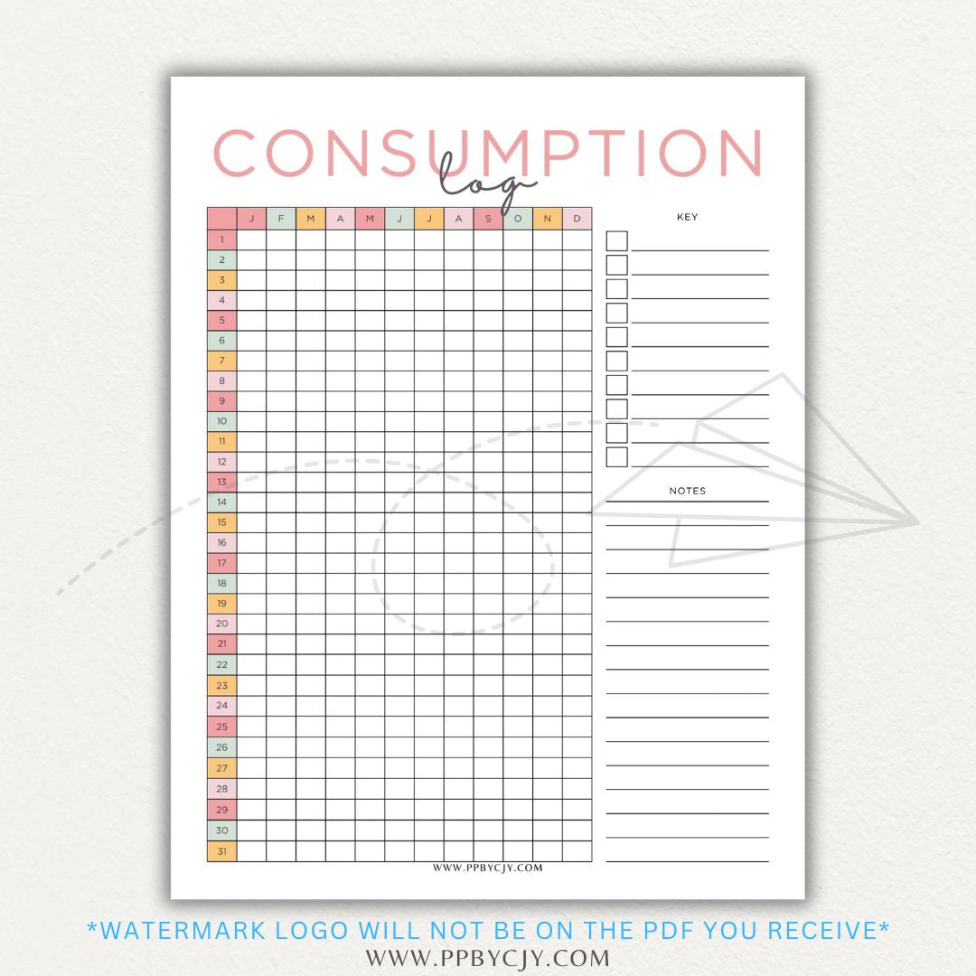 Consumption Log Printable PDF Template for tracking daily food, water, and caffeine intake.