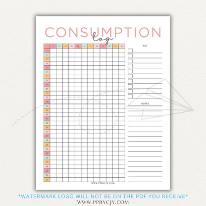 Consumption Log Printable PDF Template for tracking daily food, water, and caffeine intake.