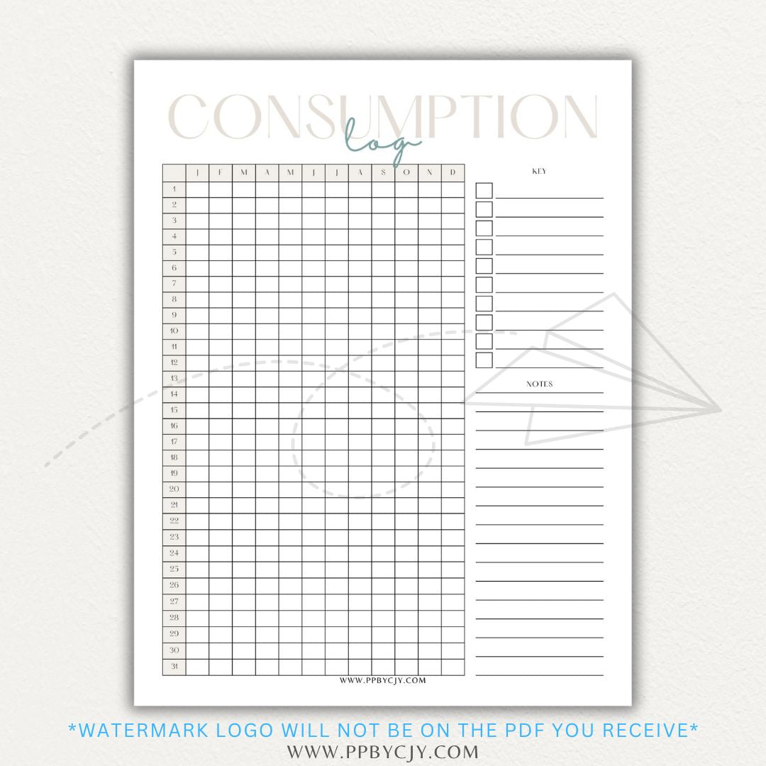 Consumption Log Printable PDF Template for tracking daily food, water, and caffeine intake.