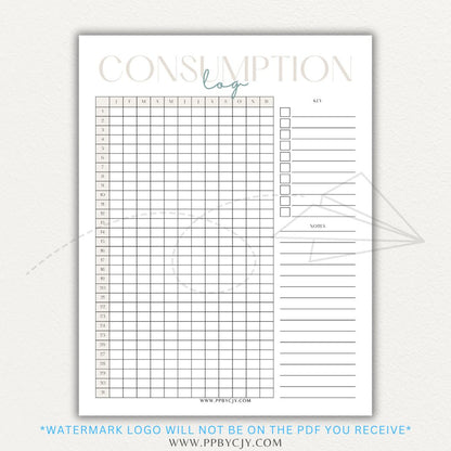 Consumption Log Printable PDF Template for tracking daily food, water, and caffeine intake.