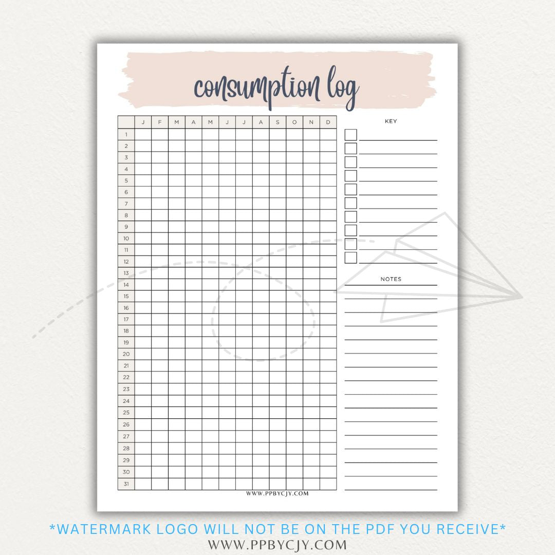 Consumption Log Printable PDF Template for tracking daily food, water, and caffeine intake.