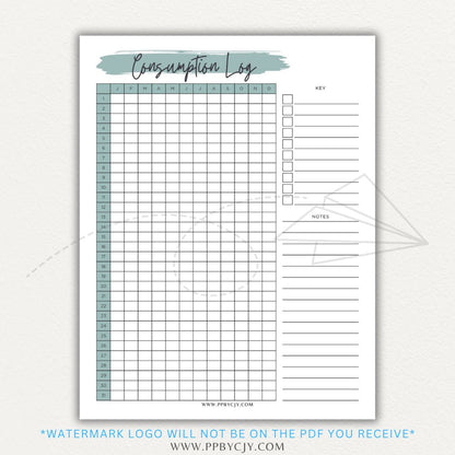 Consumption Log Printable PDF Template for tracking daily food, water, and caffeine intake.