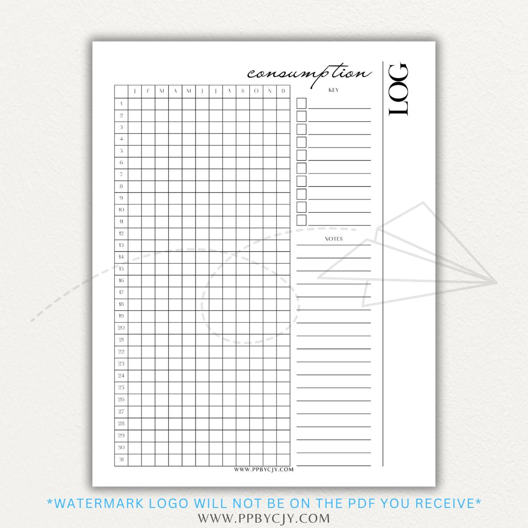 Consumption Log Printable PDF Template for tracking daily food, water, and caffeine intake.