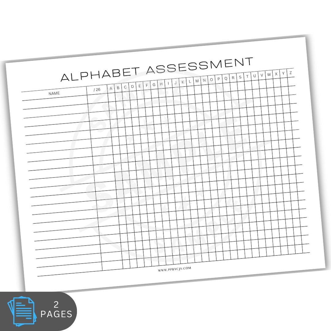 Alphabet assessment sheet with grid and text on a white background