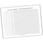 Alphabet assessment sheet with grid and letter labels on a white background