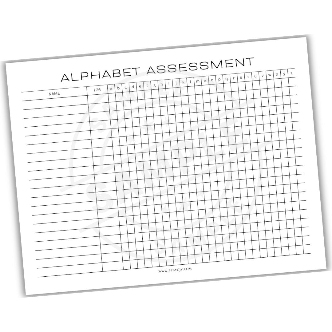 Alphabet assessment sheet with grid and letter labels on a white background