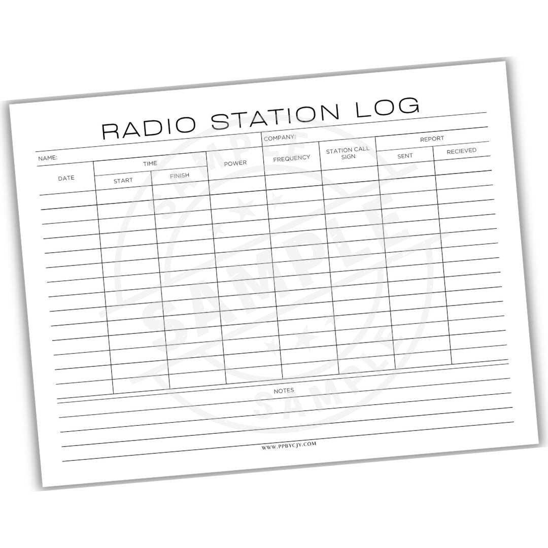 Radio station log sheet with columns for name, date, time, power, frequency, station call sign, report sent, and report received.