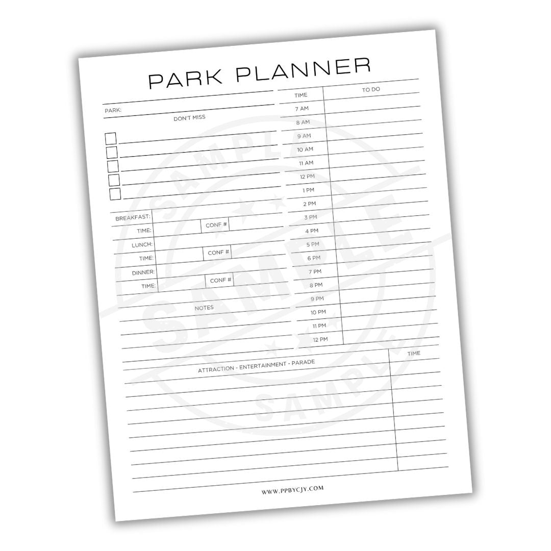 Park planner sheet with time slots and notes on a white background