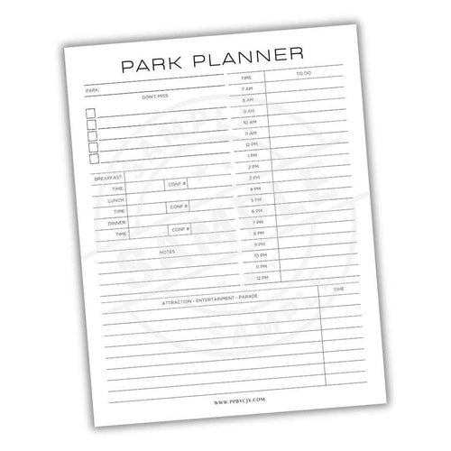 Park planner sheet with time slots and notes on a white background
