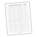 Deworming log sheet with columns for date, product, dosage, next due, and notes on a white background.