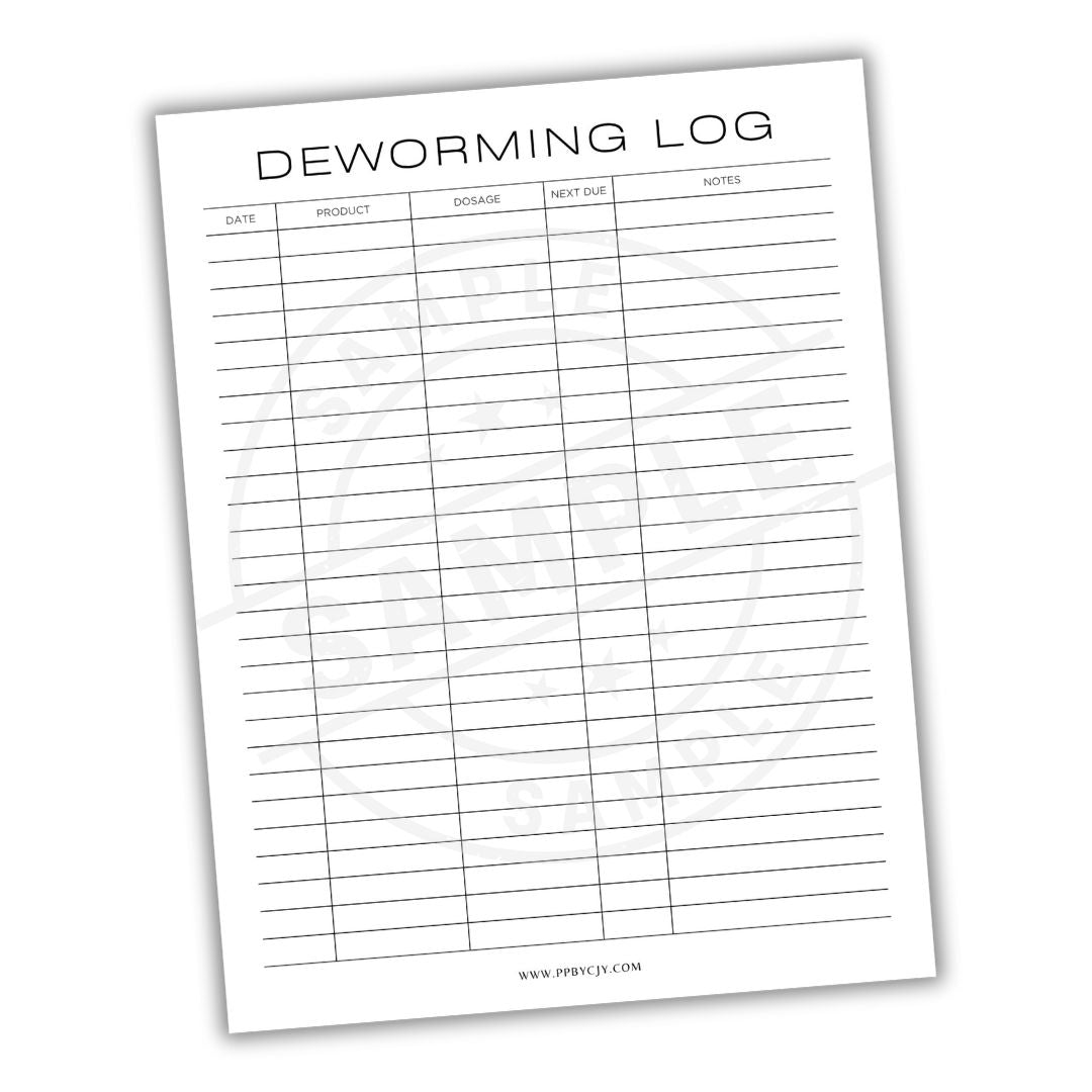 Deworming log sheet with columns for date, product, dosage, next due, and notes on a white background.