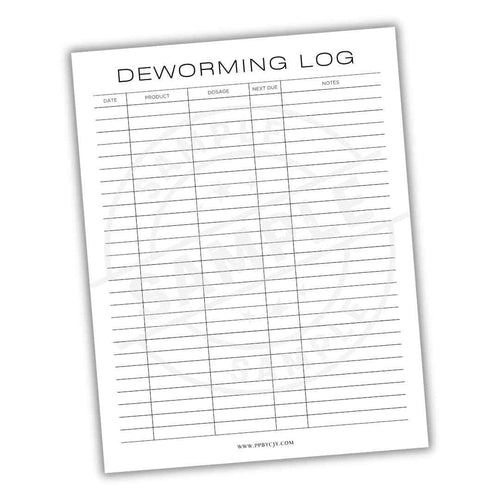 Deworming log sheet with columns for date, product, dosage, next due, and notes on a white background.