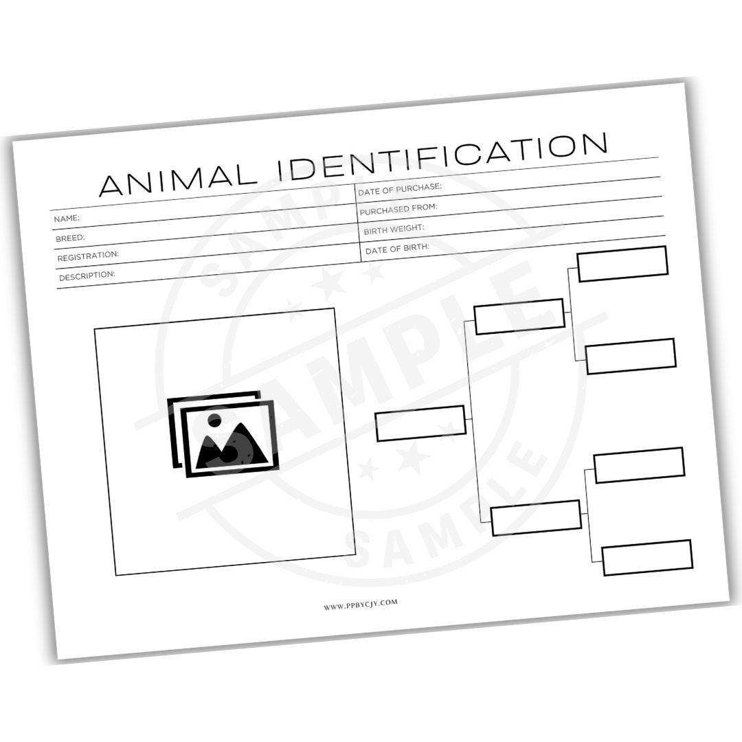 Animal identification form with fields for name, breed, weight, etc.