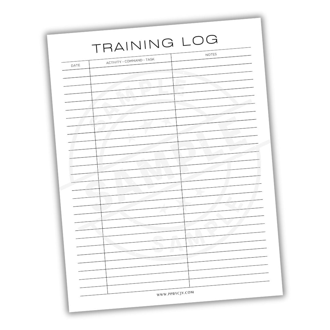 Training log sheet with columns for date, activity, command, task, and notes on a white background.