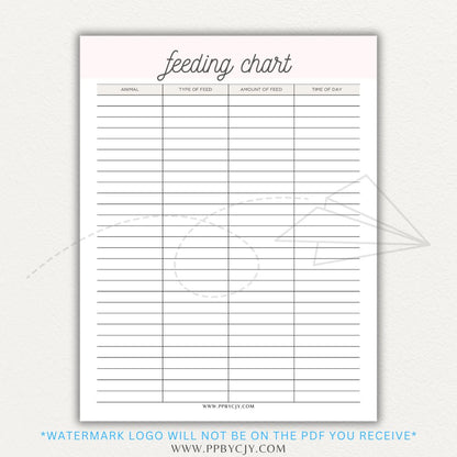 Animal Feeding Chart Printable PDF Template for Tracking Feed Schedules and Quantities