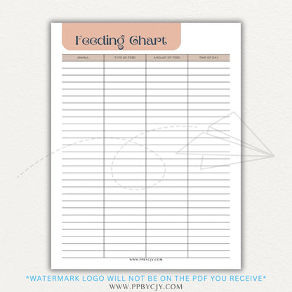 Animal Feeding Chart Printable PDF Template for Tracking Feed Schedules and Quantities
