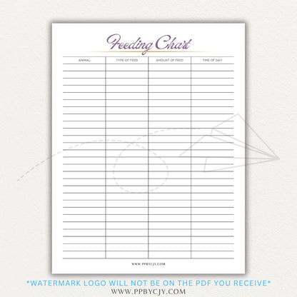 Animal Feeding Chart Printable PDF Template for Tracking Feed Schedules and Quantities