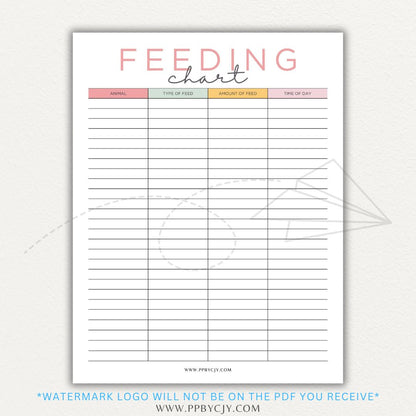 Animal Feeding Chart Printable PDF Template for Tracking Feed Schedules and Quantities