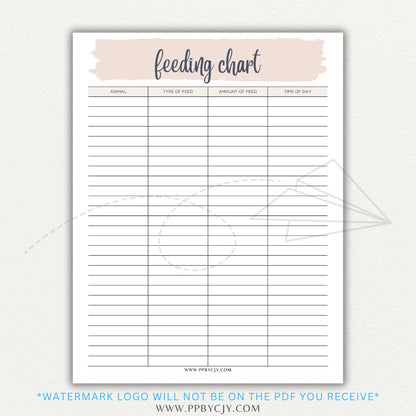 Animal Feeding Chart Printable PDF Template for Tracking Feed Schedules and Quantities