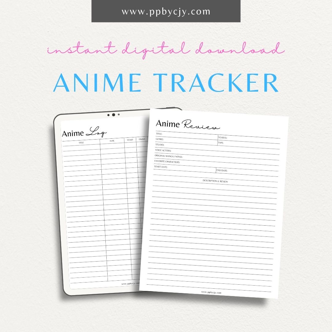 Anime Tracker Log and Review Sheet Printable Template featuring sections for anime titles, genres, episodes, ratings, reviews, favorite moments, and characters.

