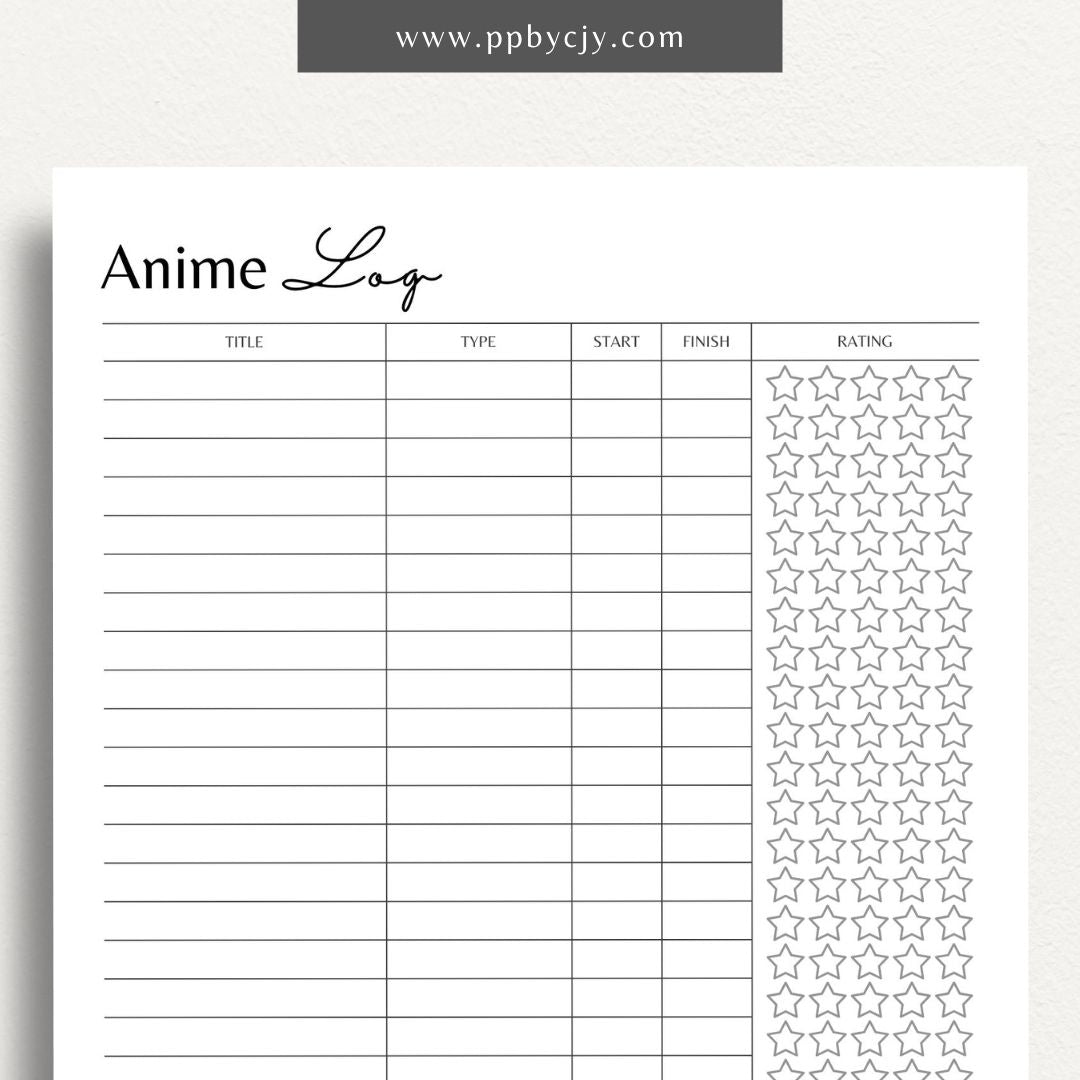 Anime Tracker Log and Review Sheet Printable Template featuring sections for anime titles, genres, episodes, ratings, reviews, favorite moments, and characters.

