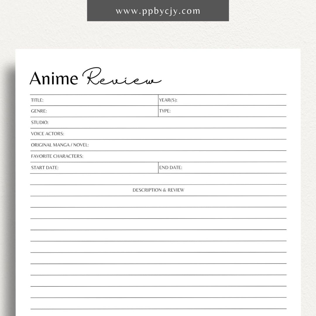 Anime Tracker Log and Review Sheet Printable Template featuring sections for anime titles, genres, episodes, ratings, reviews, favorite moments, and characters.

