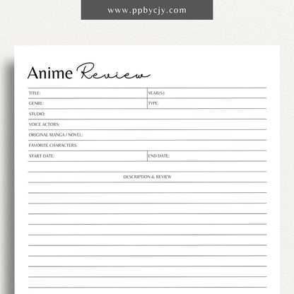 Anime Tracker Log and Review Sheet Printable Template featuring sections for anime titles, genres, episodes, ratings, reviews, favorite moments, and characters.

