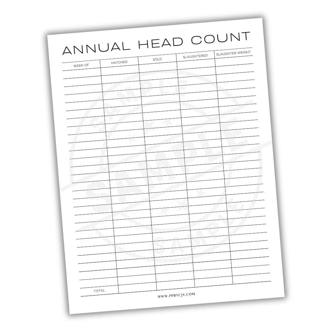 Annual head count sheet with columns for week of hatched, sold, slaughtered, and slaughter weight on a white background.