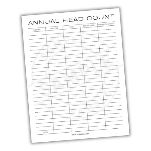 Annual head count sheet with columns for hatch date, sold, slaughtered, and slaughter weight on a white background.