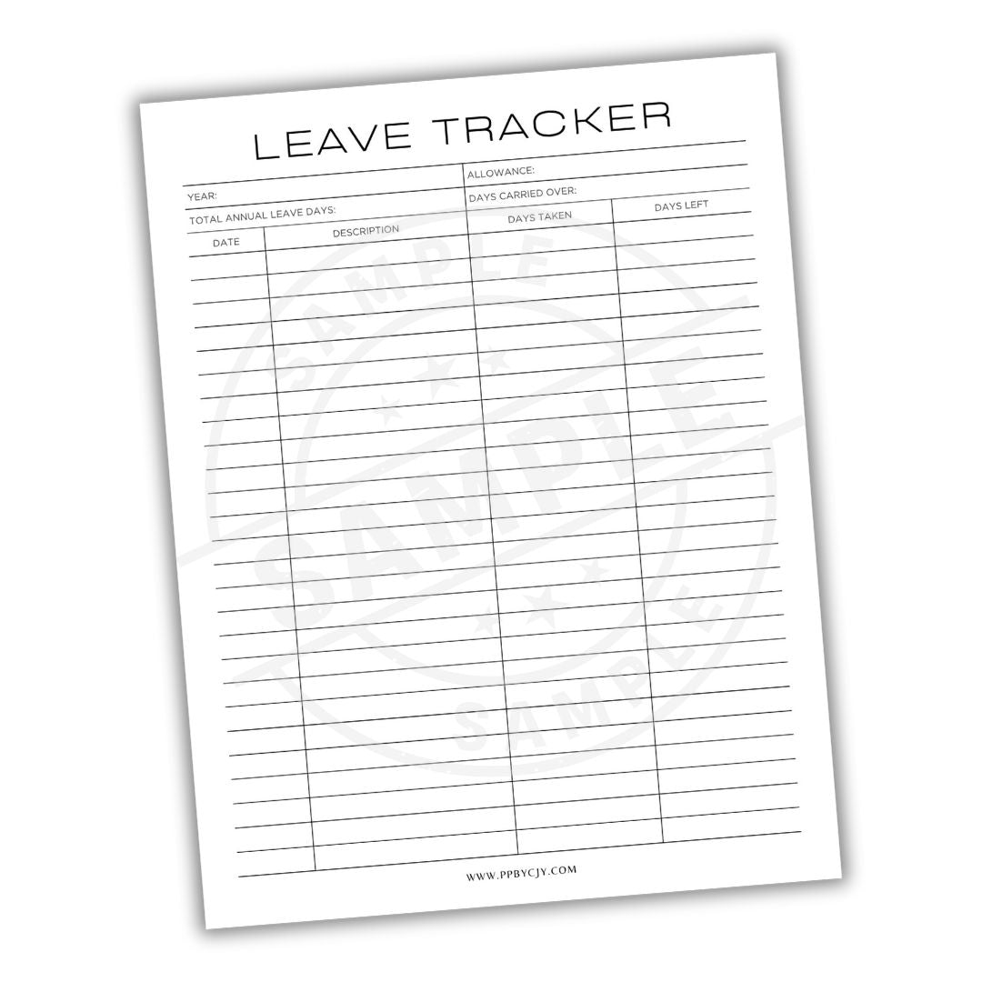 Leave tracker sheet with columns for date, description, and days taken on a white background.