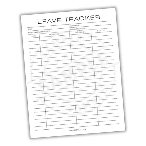Leave tracker sheet with columns for date, description, days carried over, and days left.