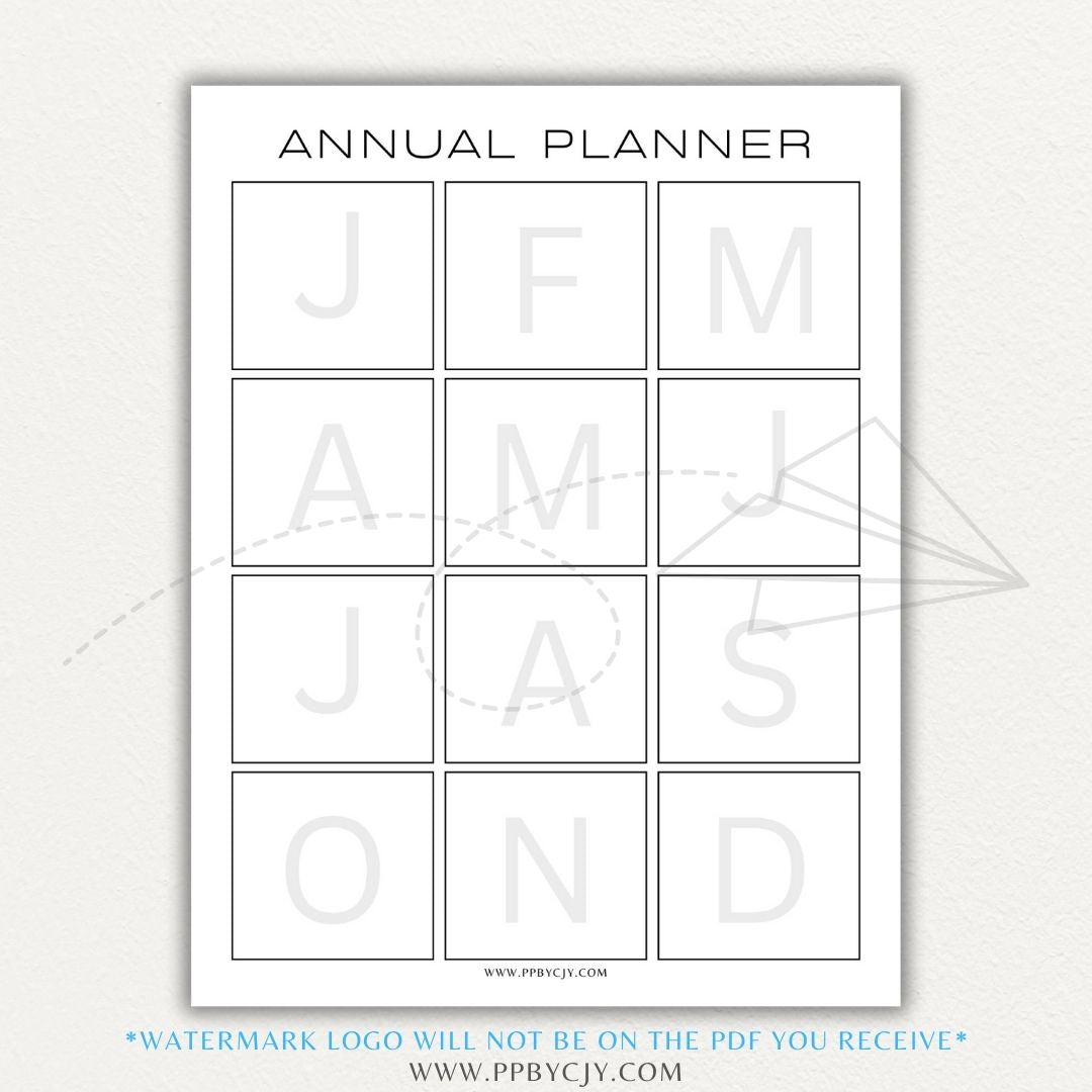 Annual Planner Printable PDF Template with sections for monthly planning, yearly goals, and key dates.